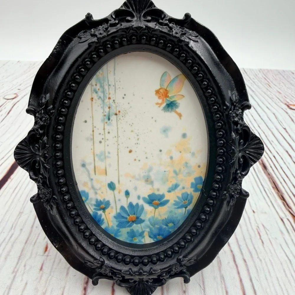 Black Ornate Oval Resin Frame Fairy Decoupage Art Print Whimsygoth Decor